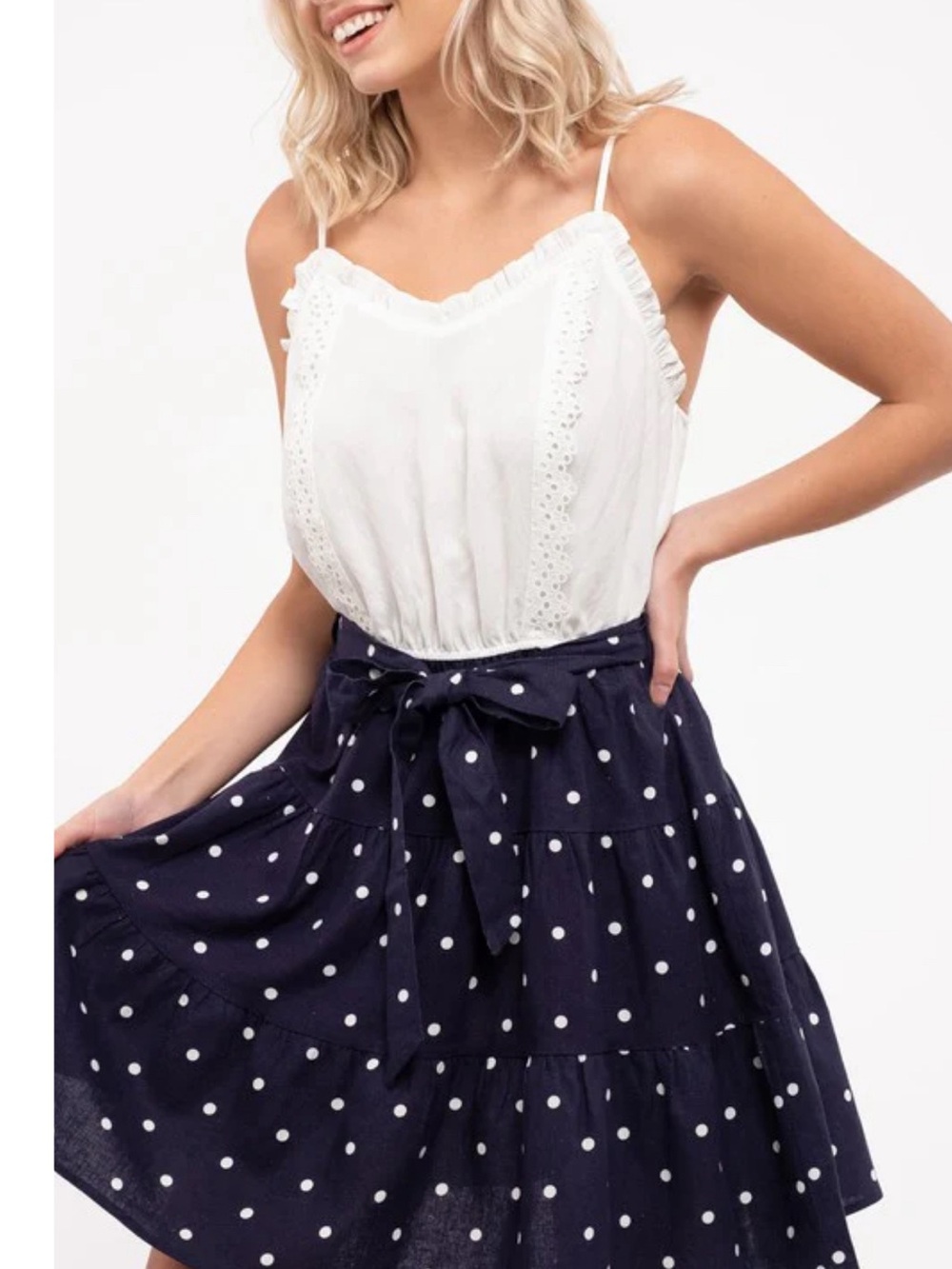 It's called Mine -White Top Navy Polka Dot casual linen, rayon sailor dress